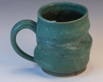 Handmade Ceramic Coffee Mug: Wiggle Design, Matte Green Glaze