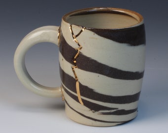 Striped Mug for Coffee or Tea. Kintsugi Inspired with Real 22 Karat Gold Overglaze Hand Crafted WabiSabi Nerikomi Style Thoughtful Gift