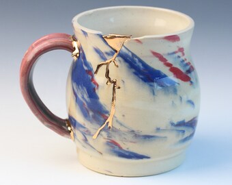 Kintsugi, Neriage, Wabi Sabi, Japanese inspired functional handmade ceramic coffee or tea mug with decorative gold on the handle and cup