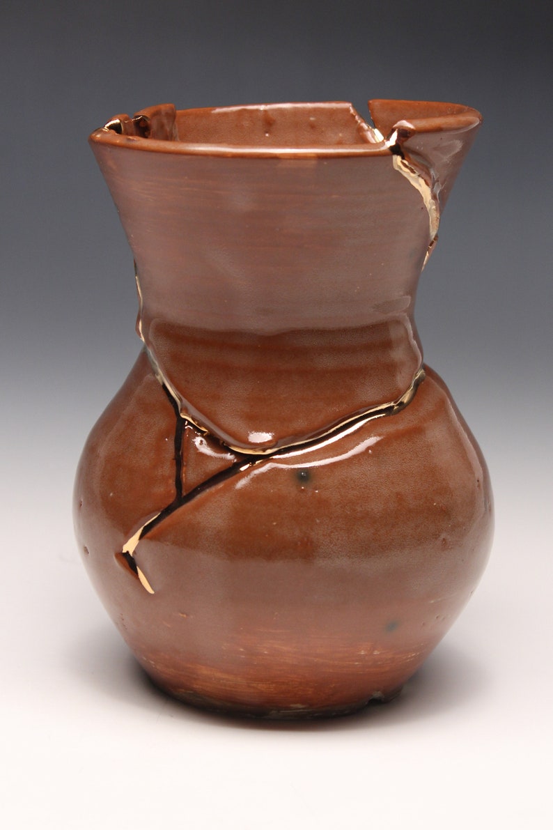 Wabi sabi Kintsugi inspired Functional stoneware flower vase Japanese art of golden joinery