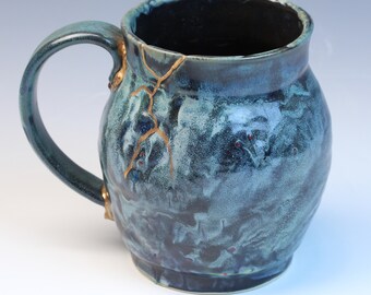 Kintsugi inspired wabi sabi functional handmade ceramic coffee or tea mug with real gold luster