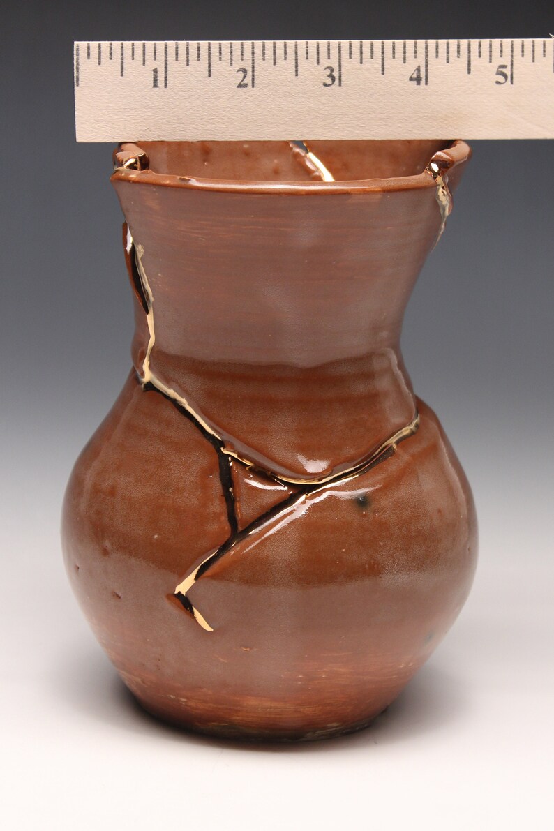 Wabi sabi Kintsugi inspired Functional stoneware flower vase Japanese art of golden joinery
