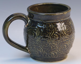 Handmade Moss Green Ceramic Mug: Kintsugi Gold Repair, Textured Pottery