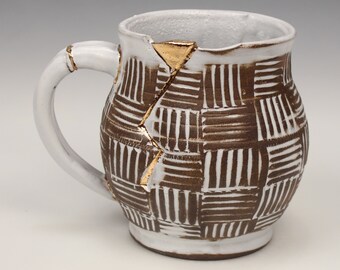 Kintsugi, Wabi Sabi, Japanese inspired functional handmade ceramic coffee or tea mug with decorative 22k real gold repair