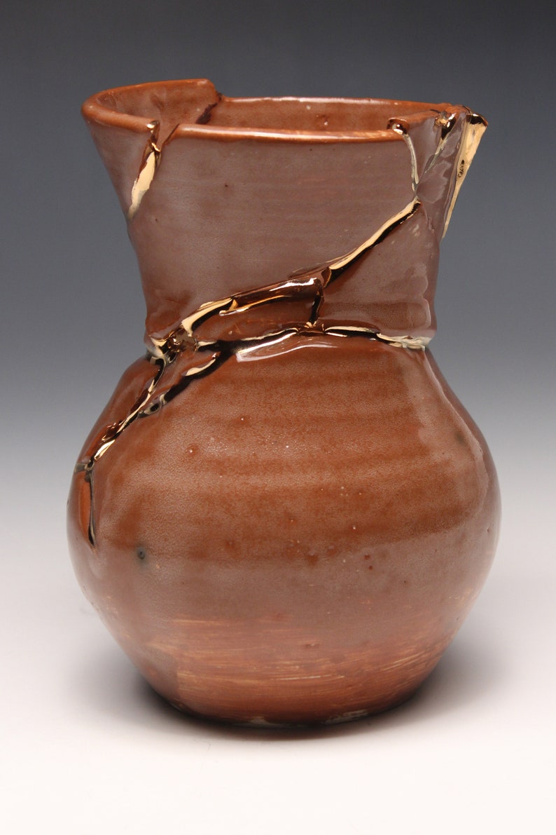 Wabi sabi Kintsugi inspired Functional stoneware flower vase Japanese art of golden joinery