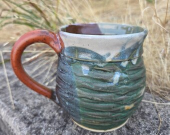 Handmade Ceramic Mug, Red, Green and White with texture