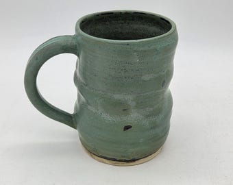 Handmade Ceramic Coffee Mug: Wiggle Design, Matte Green Glaze