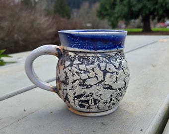 Handmade Ceramic Soda Glazed Mug, Black, Grey and Blue Textured Pottery