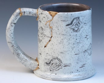 Kintsugi, Wabi Sabi Birch Bark functional handmade ceramic coffee or tea mug with decorative 22k gold repair
