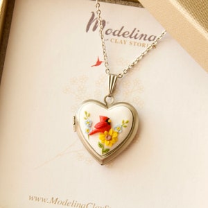 Cardinal necklace with 2 photos inside Sunflower cardinal and forget me not locket Mother birthday gift from daughter son to mom Aunt Sister