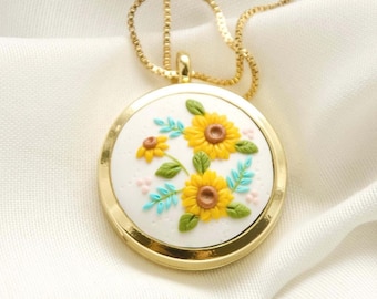 Sunflower Locket Necklace - Customizable Photos Inside - Mothers Day Birthday or Anniversary Gift for Her