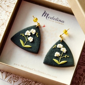 Polymer Clay Orchid Earrings: Black & White Floral Dangle Earrings
