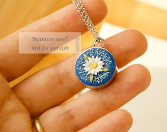 Collier pendentif crémation fleur marguerite bleue - Urne en acier inoxydable pour les cendres - Cadeau pour la Fête des Mères