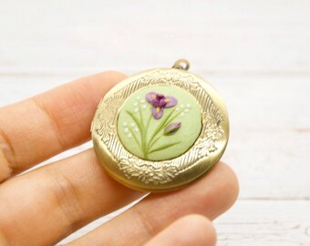 Personalized Iris Photo Locket Necklace, Floral Clay Pendant