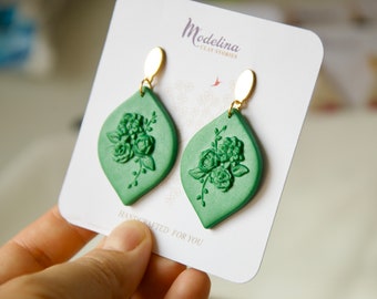 Green earrings, Dangle big earrings, Floral elegant polymer clay, Diamond shape, Gift for you, Women earrings,