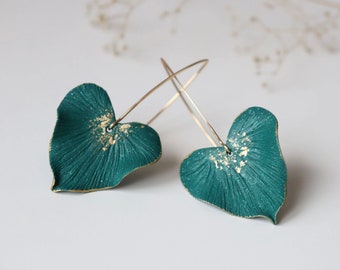 Elegant leaf heart earrings, organic shape, polymer clay lightweight dangle, gold plated ear wire