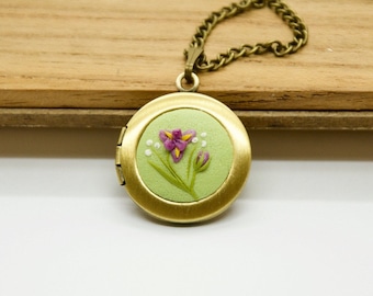 Personalized Photo Locket Necklace: Iris Flower Pendant, Brass Bronze