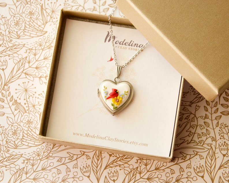 Cardinal necklace with 2 photos inside Sunflower cardinal and forget me not locket Mother birthday gift from daughter son to mom Aunt Sister image 1
