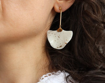 White porcelain with gold splash, Elegant leaf earrings 18K gold plated Long dangle Organic shape Modern Gingko inspired Petal earrings