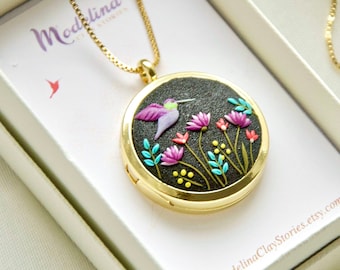 Personalized Locket with Hummingbird and Wildflowers Birthday Gift for Mom Son Unique Keepsake