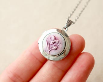Collana con ciondolo a medaglione in ceramica a forma floreale, medaglione portafoto personalizzabile, ciondolo ricordo color argento