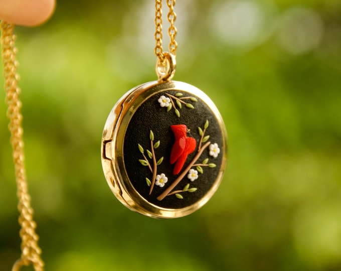 Featured listing image: Cardinal Locket Necklace: Personalized Photo Keepsake, Sympathy Gift