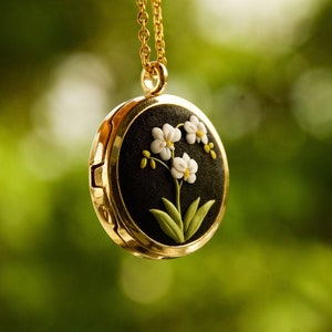 Personalized Floral Locket: Polymer Clay Orchid Photo Necklace