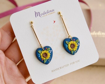 Heart Blue Sunflower dangle Clay earrings Forget-me-not earrings Handmade Flower earrings Boho style Gift for her MothersDay