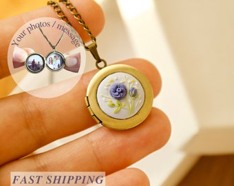 Personalized tiny locket necklace with photo inside Blue rose pendant Mother necklace Christmas gift for mom Daughter gift Grandma Aunt Sis