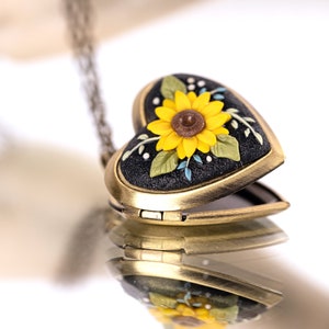 Gold Sunflower Locket Necklace: Vintage Style Polymer Clay Keepsake