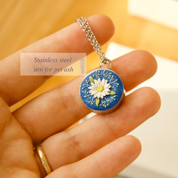 Pet Cremation Necklace for Ashes Blue and White Flower Memorial