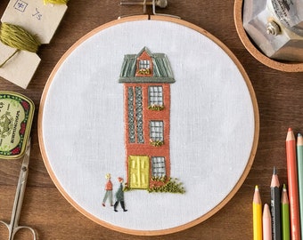 Modern Embroidery Pattern, House Embroidery Design, Beginner Hand Embroidery Pattern, Urban Coloring Pages, House Illustration, Urban Art