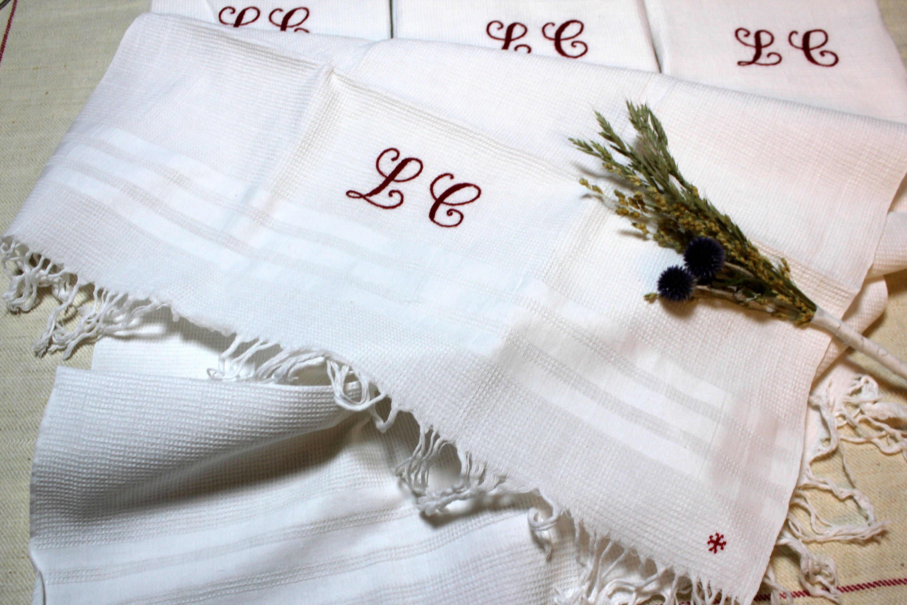 Vintage Serviettes de Toilette Anciennes en Nid d'abeille Monogramme Lc - Lot 3