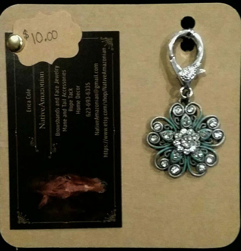 rhinestoned flower charm purse charm horse bling bridle clip pony charm bridle charm bridle accessory Teal and silver horse charm