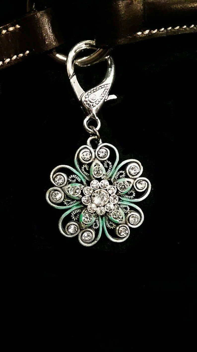 rhinestoned flower charm purse charm horse bling bridle clip pony charm bridle charm bridle accessory Teal and silver horse charm
