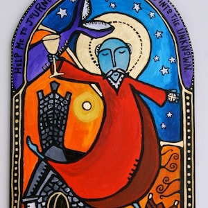 May include: Colorful painting of Brendan the Navigator. The artwork depicts a figure in a red robe holding a chalice, with a whale, waves, and a castle. Text includes "Help Me to Journey Beyond the Familiar and Into the Unknown."