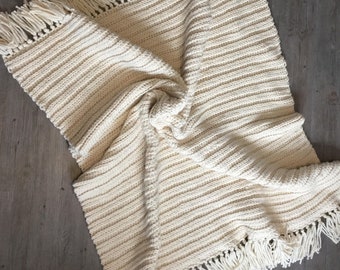 May include: A cream-colored crocheted throw blanket with a fringe border. The blanket is folded and draped on a wooden surface.