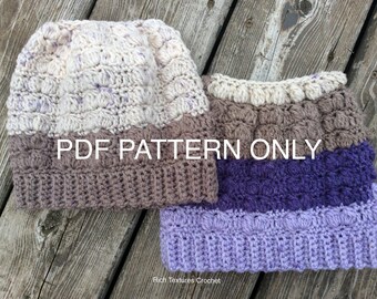 CROCHET PATTERN - Paired Up Messy Bun Hat (Size teen/adult)