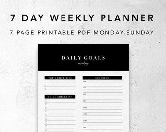 Printable 7 Day Planner | Daily goal setting | Daily schedule | Weekly organiser | A4 planner | US letter planner