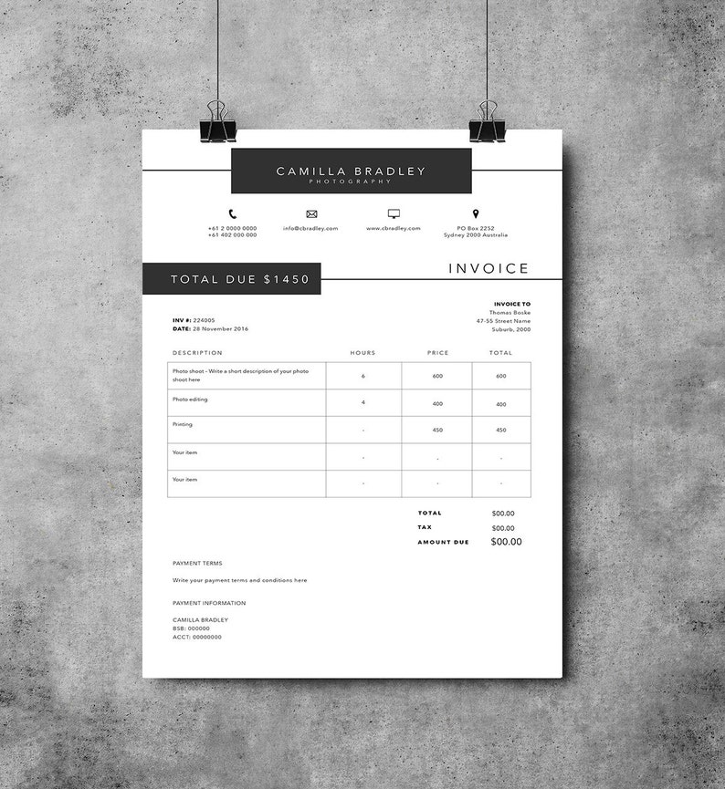 Photography Invoice template Invoice design Receipt template MS Word and Photoshop invoice image 1
