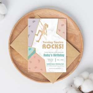 Modelo de convite de aniversário para meninas escalando | Convite editável do Canva | Convite para festa de escalada rosa | Convite divertido e feminino
