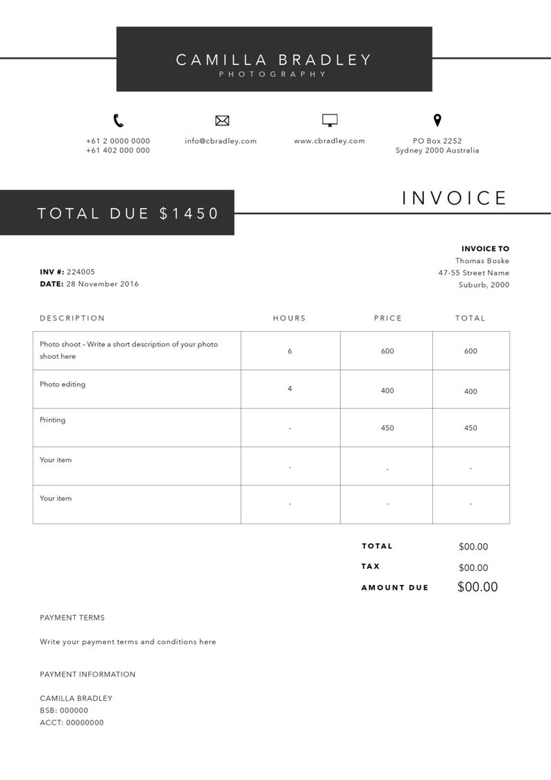 Photography Invoice template Invoice design Receipt template MS Word and Photoshop invoice image 3