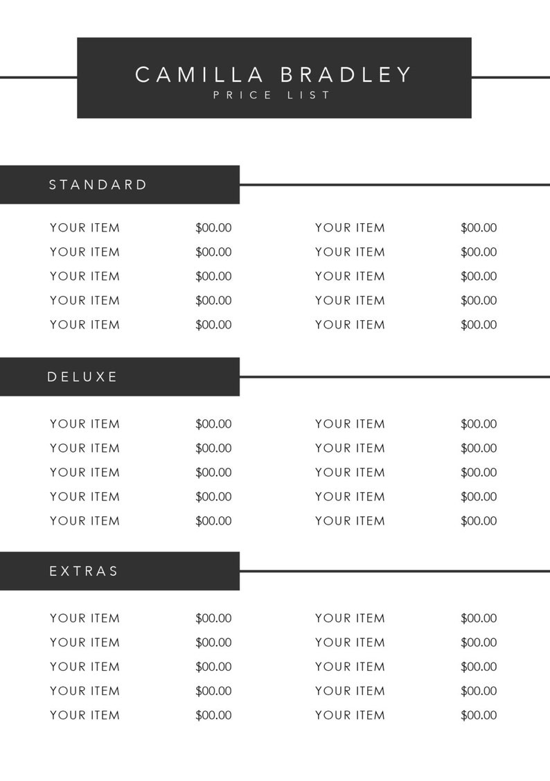 Bradley Price List Template A5 Template Printable Price List Design