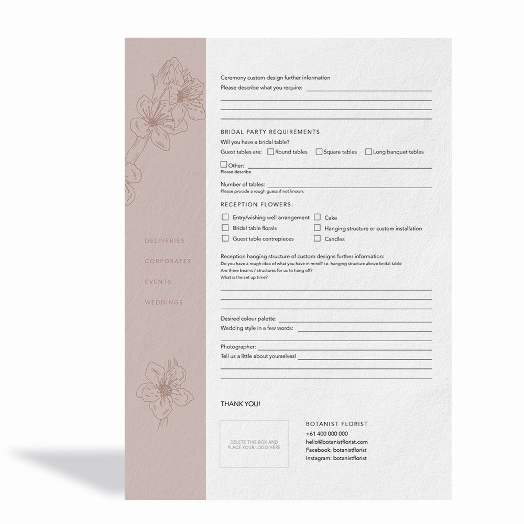 Florist Wedding Booking Form Florist Order Forms Wedding Order Forms