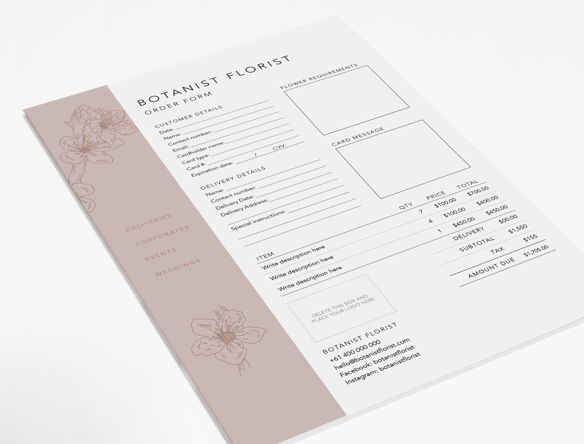 Florist Order Form Template Florist Template Order Form - Etsy Australia