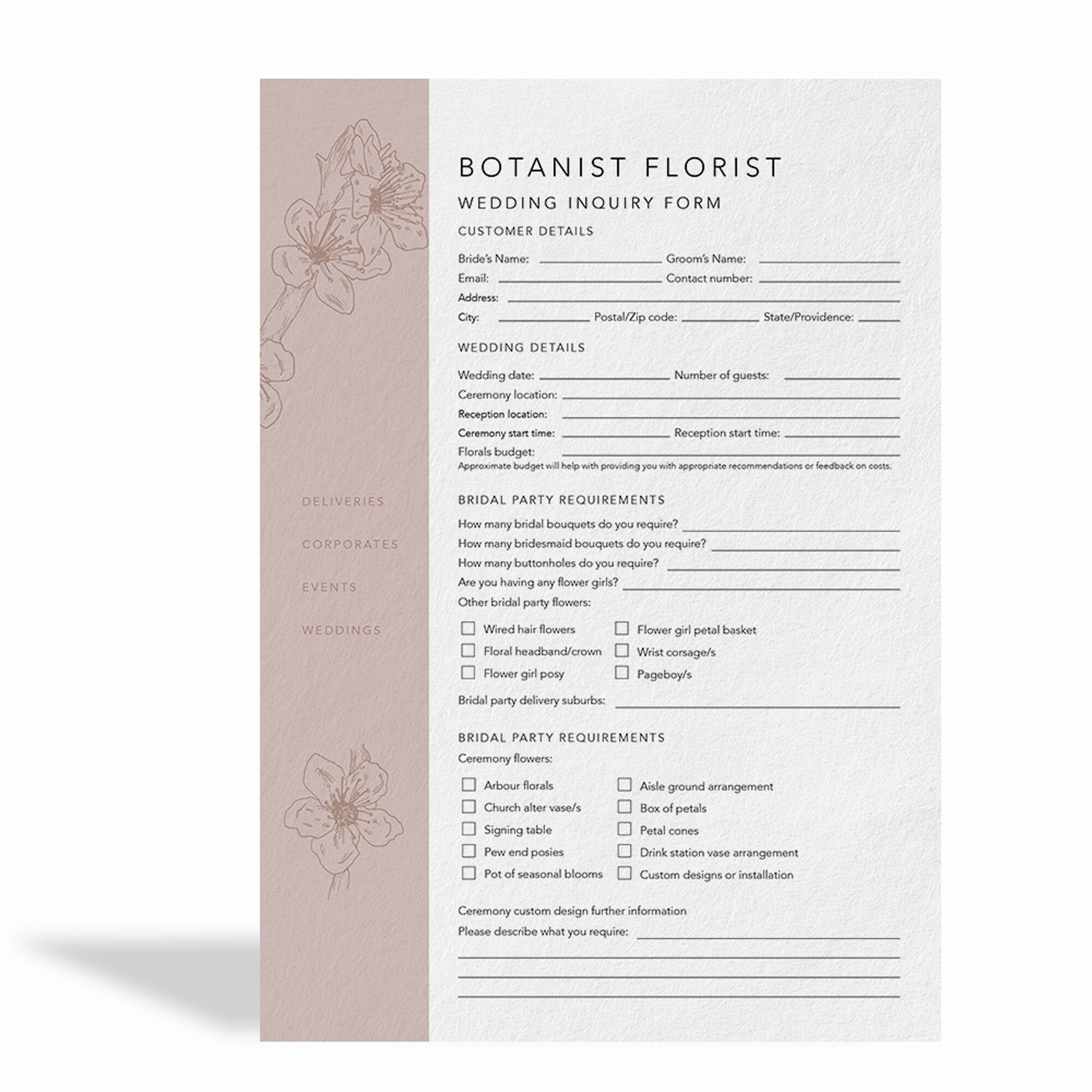 Florist Wedding Booking Form Florist Order Forms Wedding Etsy UK