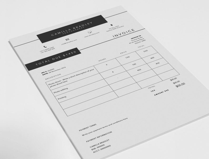 Photography Invoice template Invoice design Receipt template MS Word and Photoshop invoice image 2