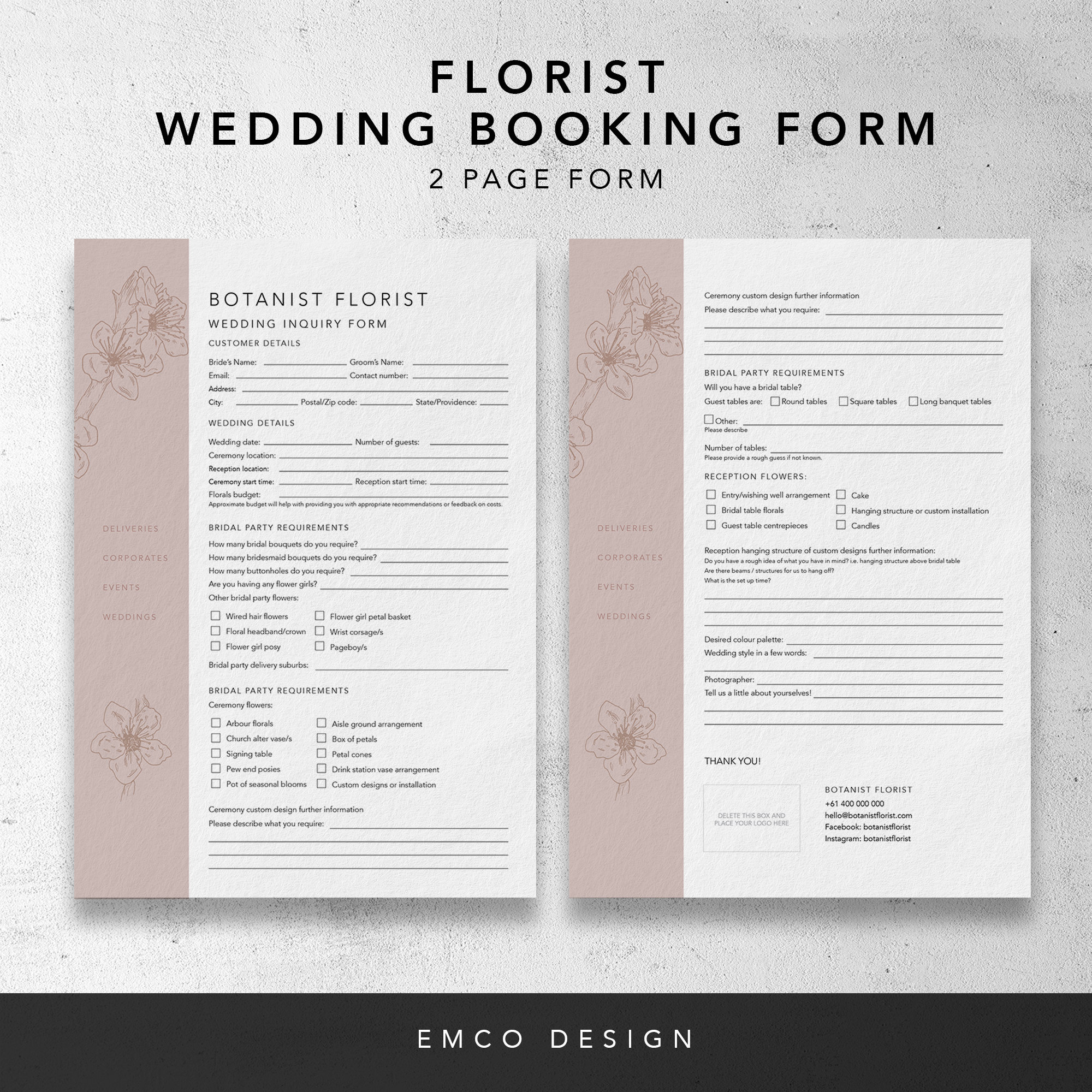 Florist Wedding Booking Form Florist Order Forms Wedding Etsy