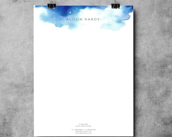May include: A white letterhead with a blue watercolor design at the top. The text "ALISON HARDY" is in black font at the top of the design. The text "PO Box 2203 Sydney 2000 Australia" is at the bottom of the page.