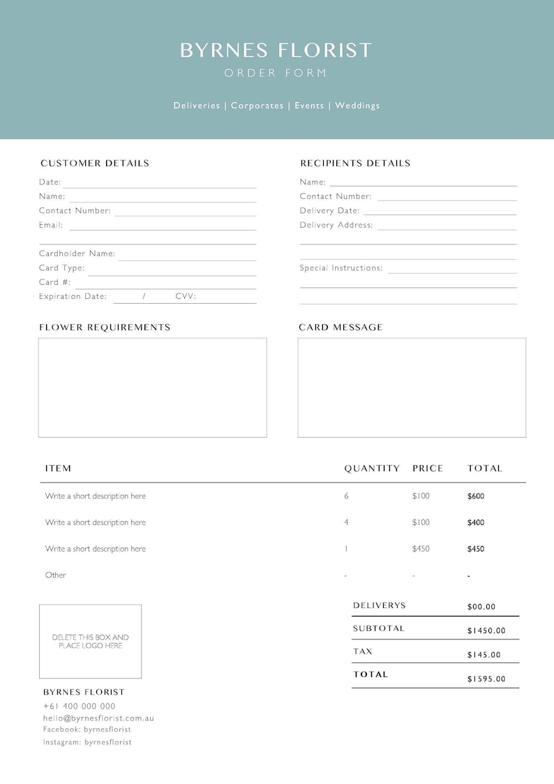 florist order form template florist template order form etsy